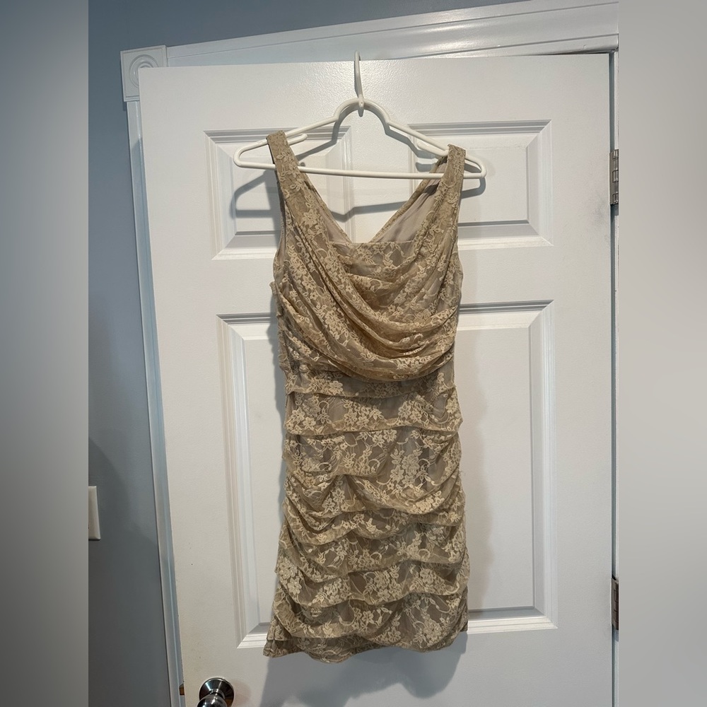Gold Express cocktail dress. Lace overlay.